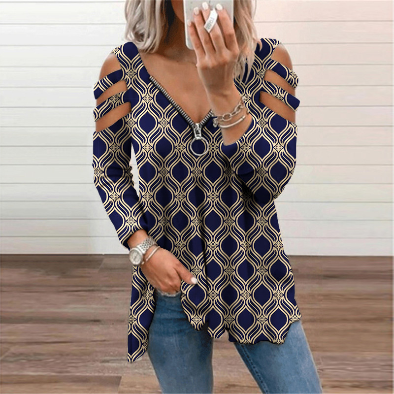 Fashion spaper Print T-Shirt Women's Clothing Autumn Street Casual Tee Shirt Ladie Zipper Vneck Tops Oversized Tunic 220321