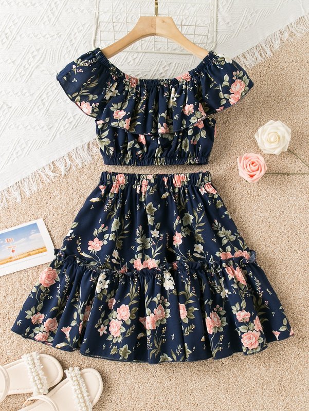 Girls Floral Print Ruffle Trim Top & Skirt SHE