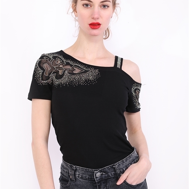 Summer Korean Style Cotton T-Shirt Chic Sexy Skew Collar Patchwork Mesh Love Shiny Diamond Tops Short Sleeve Tees T16408A 220402, Black
Summer Korean Style Cotton T-Shirt Chic Sexy Skew Collar Patchwork Mesh Love Shiny Diamond Tops Short Sleeve Tees T16408A 220402, Black