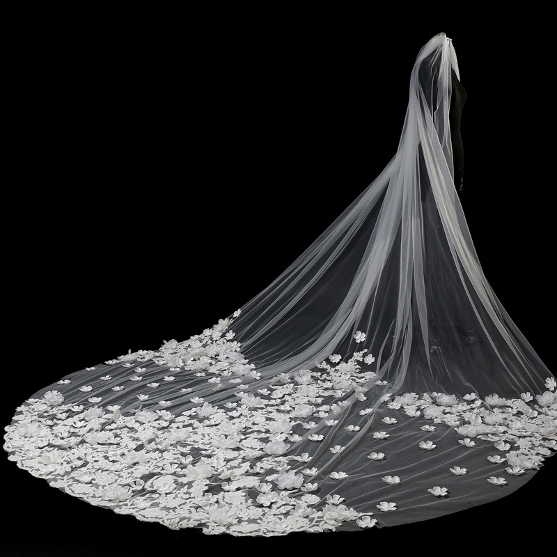 4 Meters Length Cathedral Train Wedding Veil Handmade Flower Lace Applique 3D Floral Princess Bridal Veil velos de novia