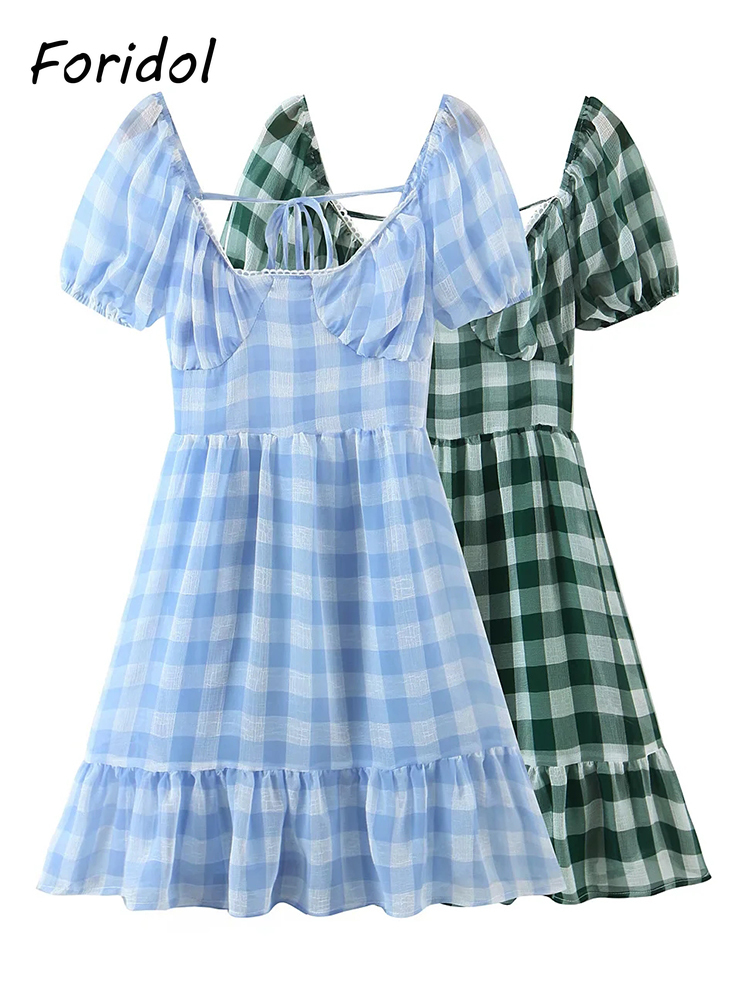 Foridol Lace Up Backless Gingham Chiffon Summer Dress Vintage A-line Puff Sleeve Plaid Short Dress Chic Blue Holiday Dress 220511