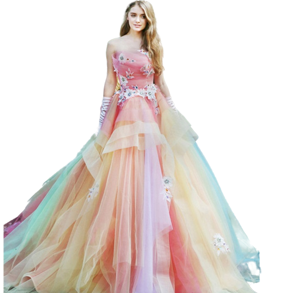 Spring Summer Colorful Quinceanera Dresses for Women Girls 15 Years Junior Prom Party Gown Floral Applique Long RainbowTulle Special Occasion Gowns Sw