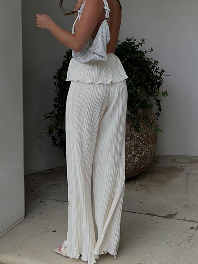 Pleated Halter Tank Top Long Pants Set Women Summer White Sexy Backless Sleeveless Tops Suits Female Elegant Trouser 2 Piece Set 220602