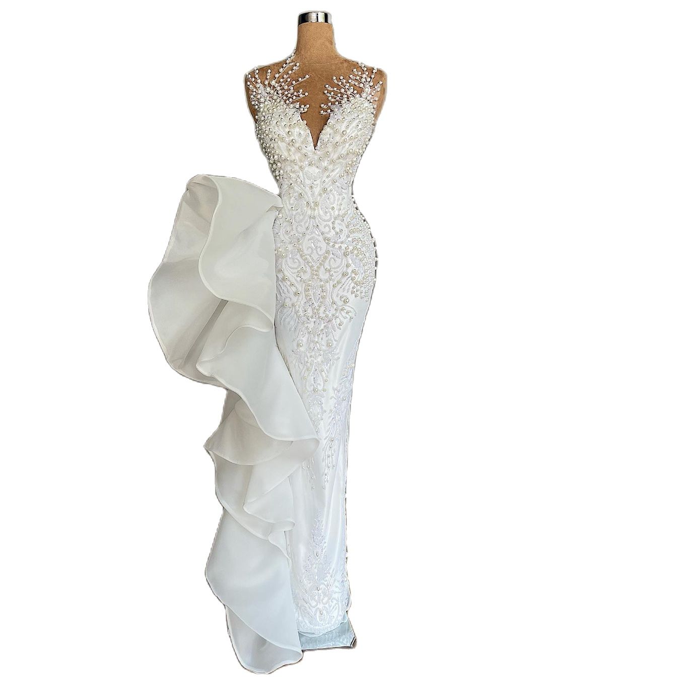 Fashion Luxury Elegant Pearls Evening Dresses V Neck Ruffles Beading Sparkly Women Party Prom Gowns Plus Size Custom Made