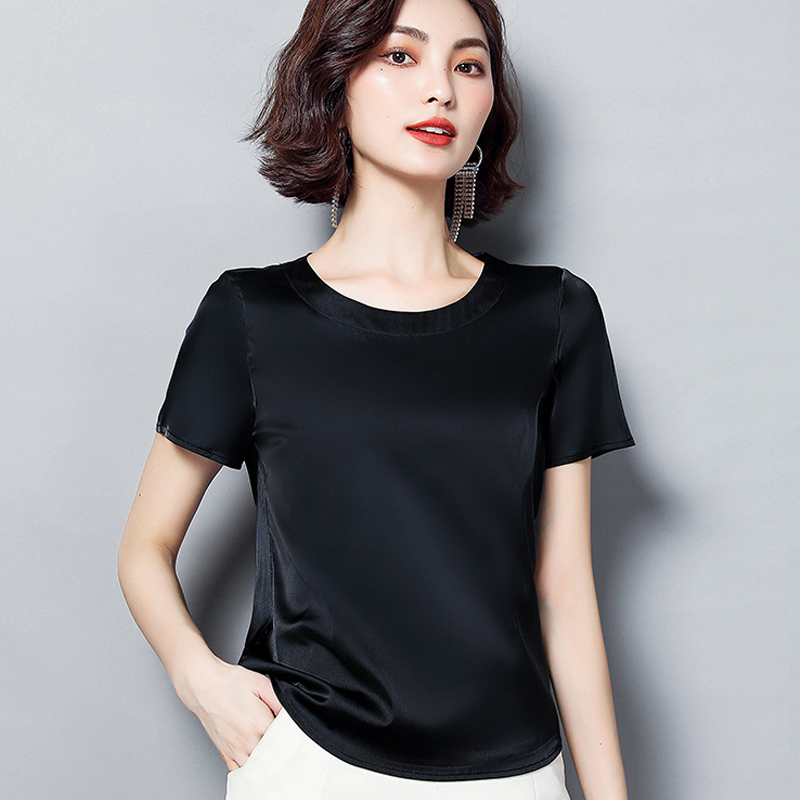 Summer Basic Solid Women's T-Shirts O-Neck Short Sleeve Tees Tops Satin Silk Elegant Thin Shirts for Female 220328