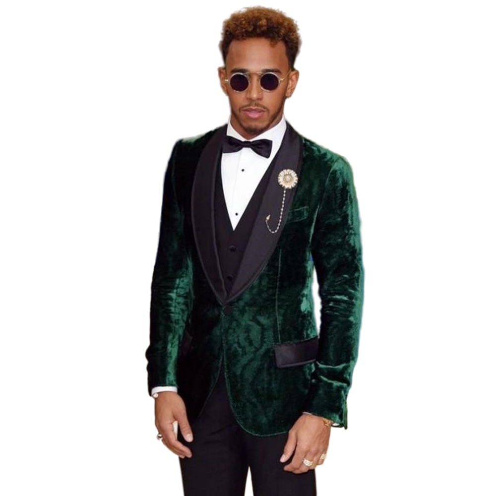 Fashion Dark Green Velvet Mens Suits Groom Wedding Tuxedos With Black Shawl Lapel Slim Fit Man Prom Party Blazer One Button Male Formal Wear Handsome 