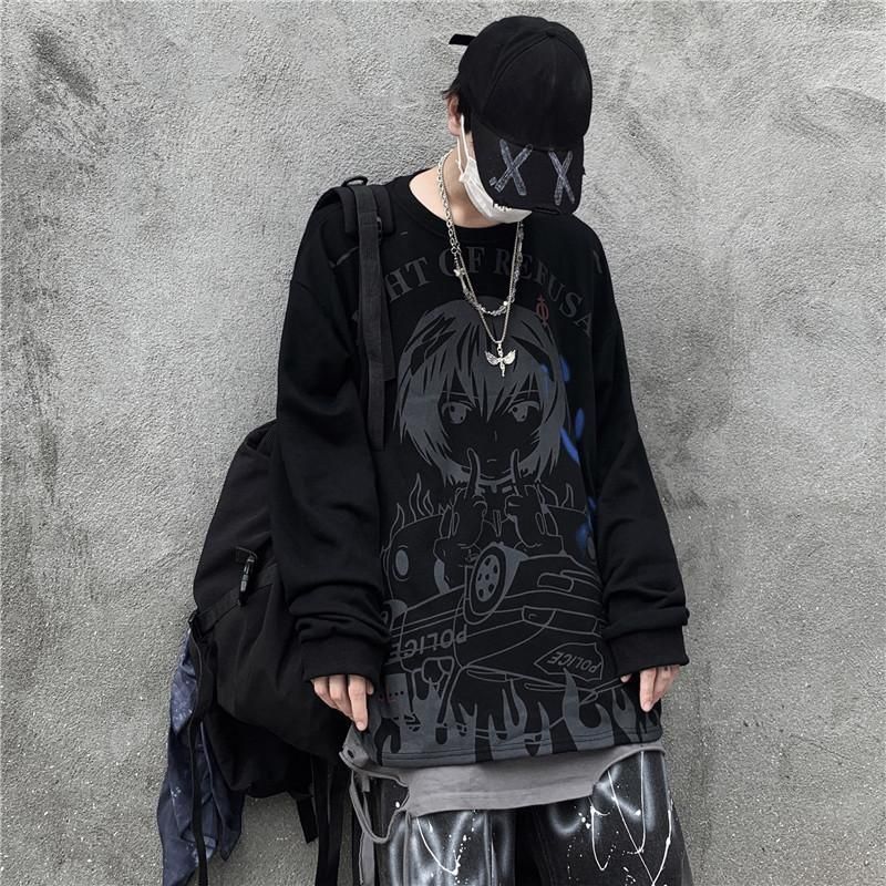 T-shirt Men And Women Retro High Street Dark School Students Secondary Anime Printing Hip Hop Long Sleeve Harajuku 220321