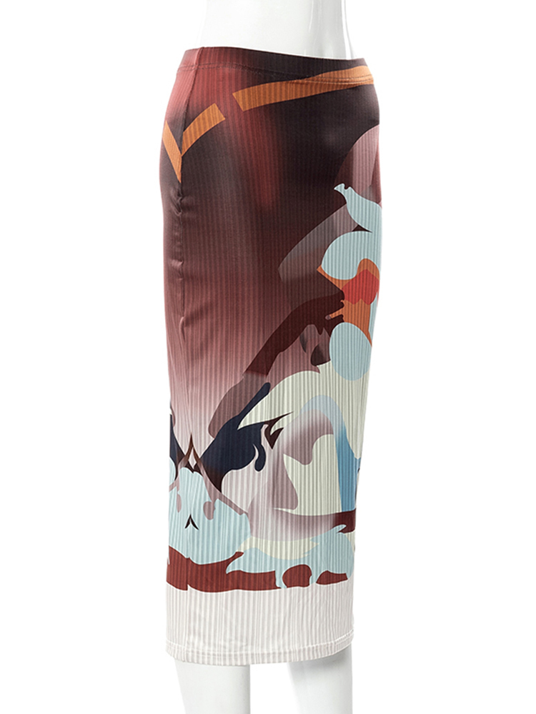 Sisterlinda Vintage Art Print Y2K SlimFit Long Skirt Women Casual Commuting Elegant Wild Mid Skirt Trend Party Activity Bottoms 220701