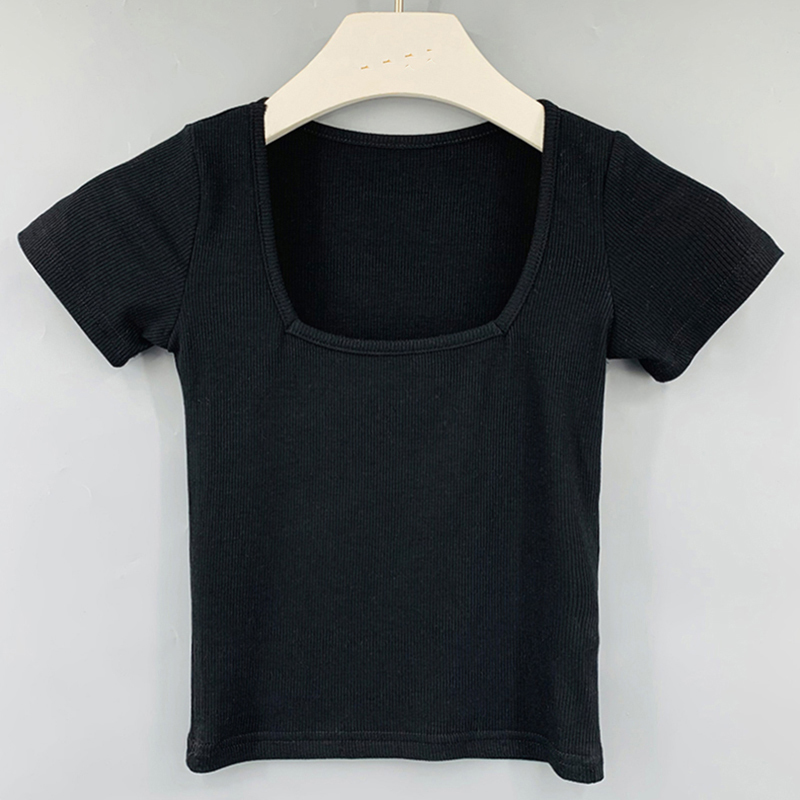 Square Collar Slim Sexy Crop Tops Women Casual Short Sleeve Cotton Pullover Tees Summer Skinny Streetwear T-Shirt Woman 220321