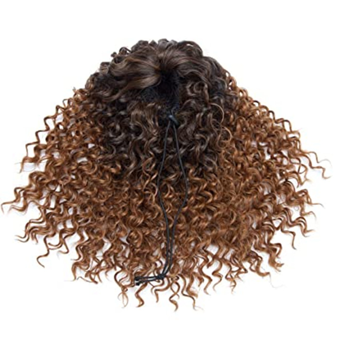 Ombre brown blonde kinky curly puff bun drawstring ponytail extension hairpiece,100 human hair ponytail with drawstring clip in 120g 1pcs fashion styl