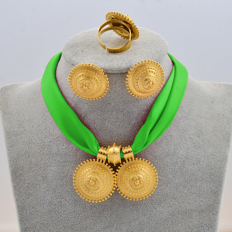 Anniyo DIY Rope Chain Ethiopian Jewelry Set Gold Color Eritrea Ethnic Style Habesha Pendant Earrings Ring #217106 220418