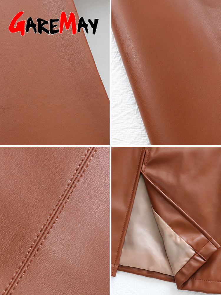 Autumn Winter Women's Leather Skirt with Side Slit A-line Vintage Long Midi High Waist Pu Faux Pencil 220322