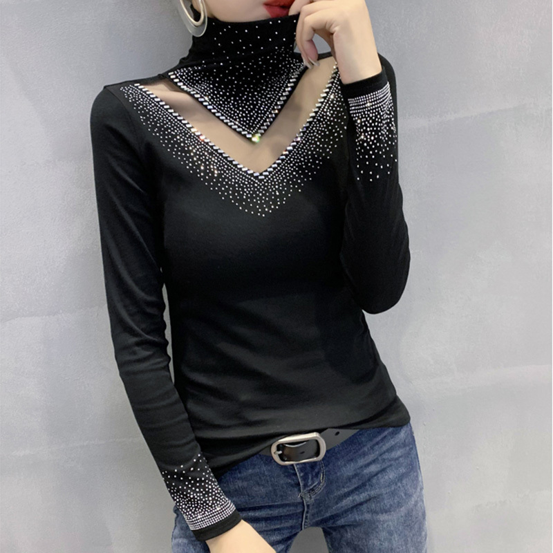 Spring Autumn Long Sleeve T-Shirt Fashion Casual Turtleneck Diamond Woman tshirts Elegant Slim Women's Tops Blusas 220411