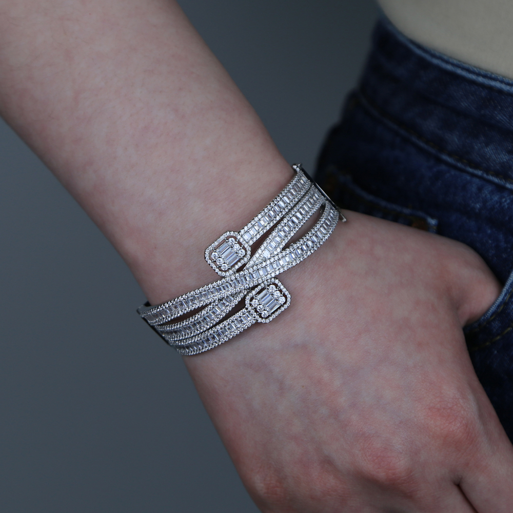 Baguette CZ Bracelets Bangles Sparking Bling Cubic Zirconia Gold Silver Color Luxury Fashion Multi Layered Band Jewelry
