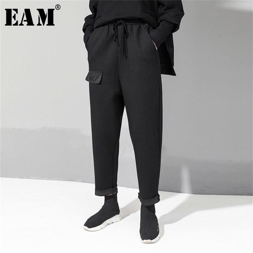EAM Spring Autumn High Elastic Waist Loose Loose Pocket Split Joint Loose Harem Pants Women Trousers Fashion JX5080 201228