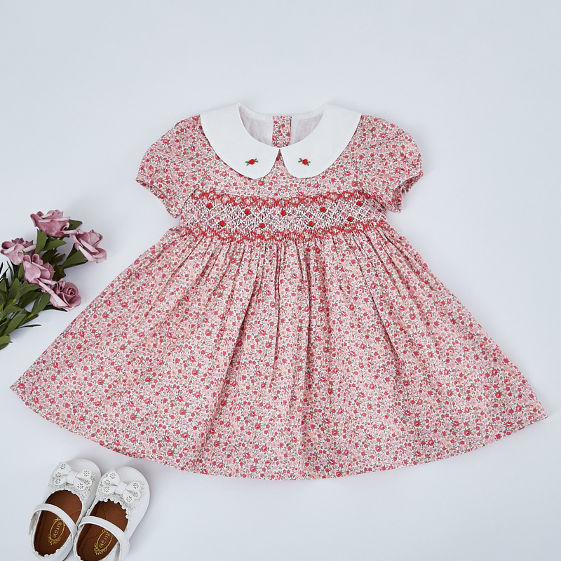 Kids Little Girls Handmade Smocked Floral Flower Print Dresses Spring Summer Toddler Girl Princess Vintage Smock Dress 220707