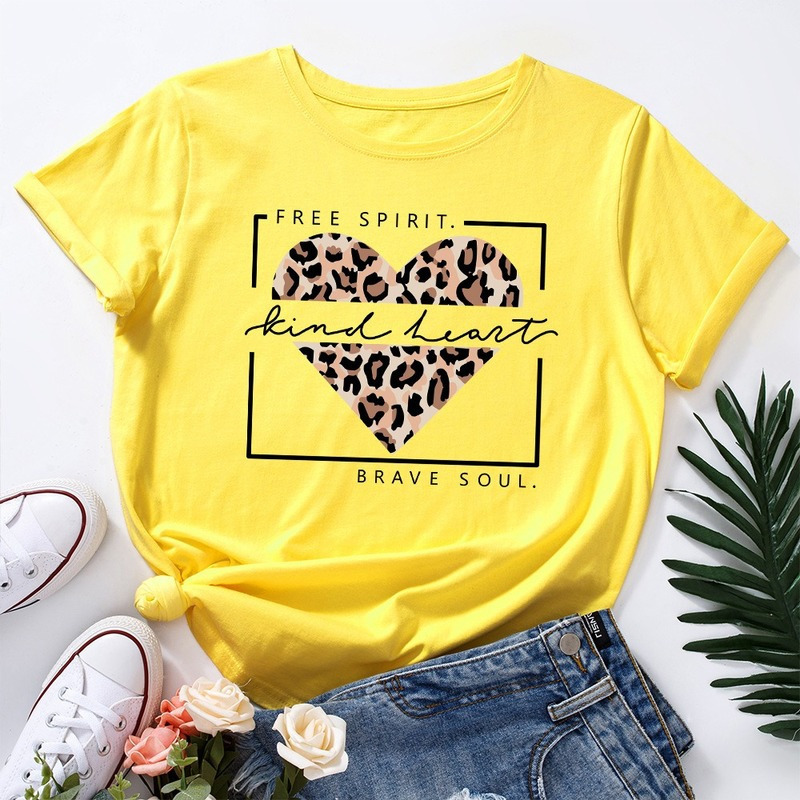 Summer Cotton Women Fashion T-shirts Leopard Heart Print Short Sleeve Clothes Vintage Ladies Tee Tops Female O-Neck TShirts 220328