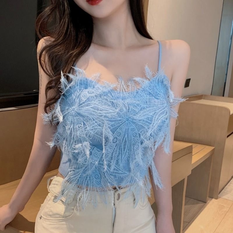 Lace Suspender Vest For Women's Style In Summer Sexy Feather Blue Corset Crop Top Camisole Tanks V Neck 220316