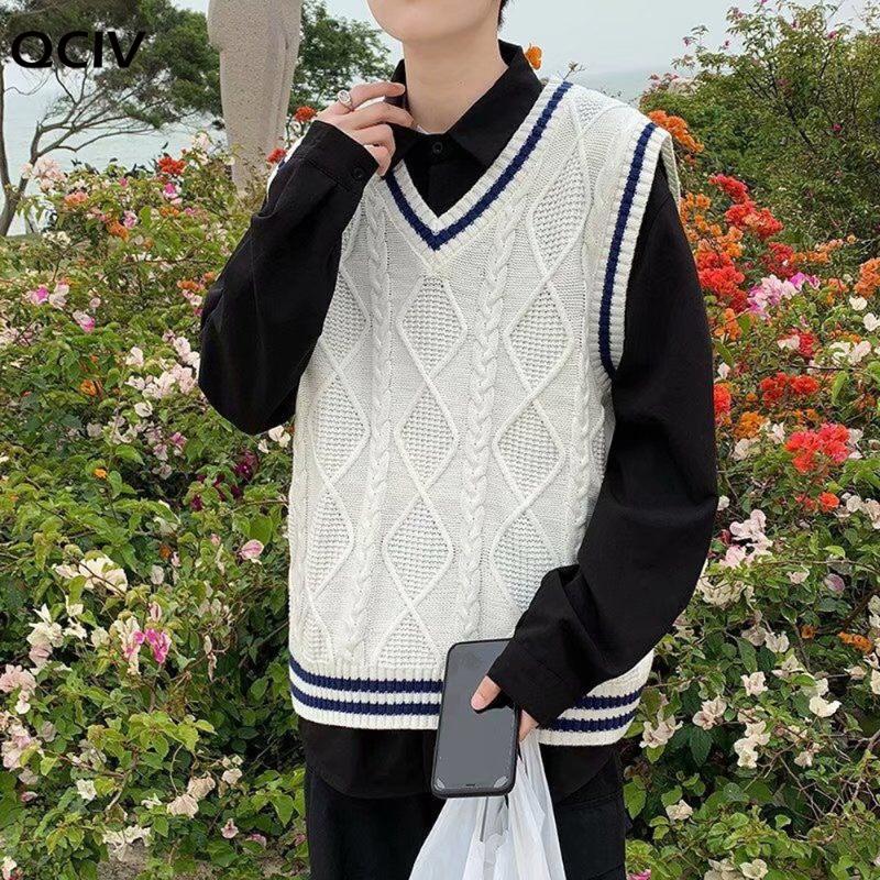 Men's Sweaters Men Korean Fashion Sweater Vest V-neck Sleeveless Streetwear Autumn Casual Clothes For Knitted Pullover, White 
Men's Sweaters Men Korean Fashion Sweater Vest V-neck Sleeveless Streetwear Autumn Casual Clothes For Knitted Pullover, White