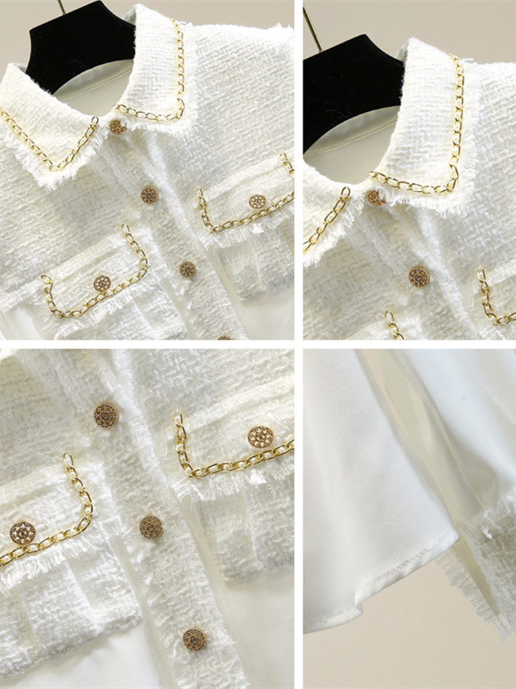 Tweed Patchwork Chiffon Shirt Blouse Women Vintage Long Sleeve Gold Chain Pearls Weave Tassels Pocket Tops 220407
