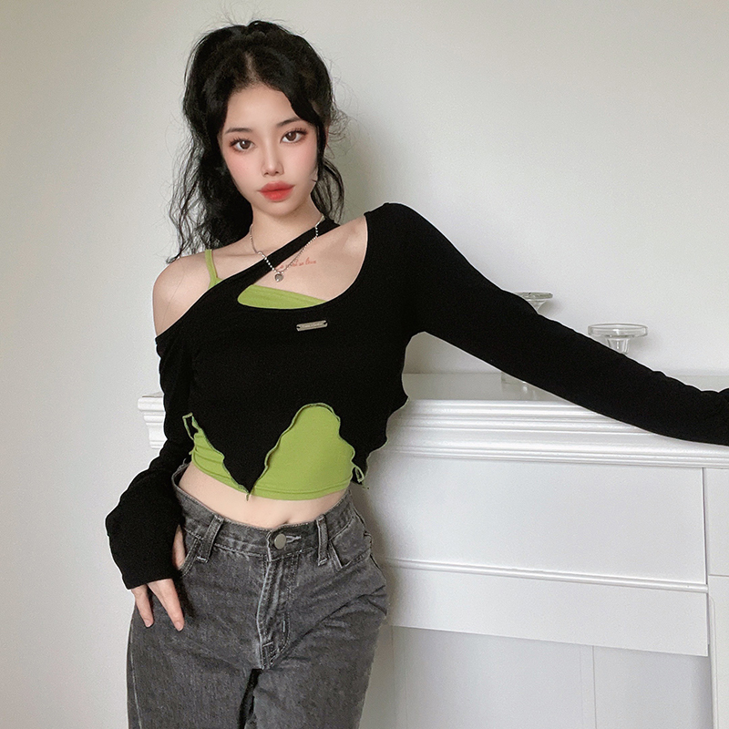 Tonngirls Y2k Vintage T shirt Grunge Tie Dye Crop Tops 2 piece Women Casual Camis Streetwear Long Sleeve Lace Up Tee Top 220714