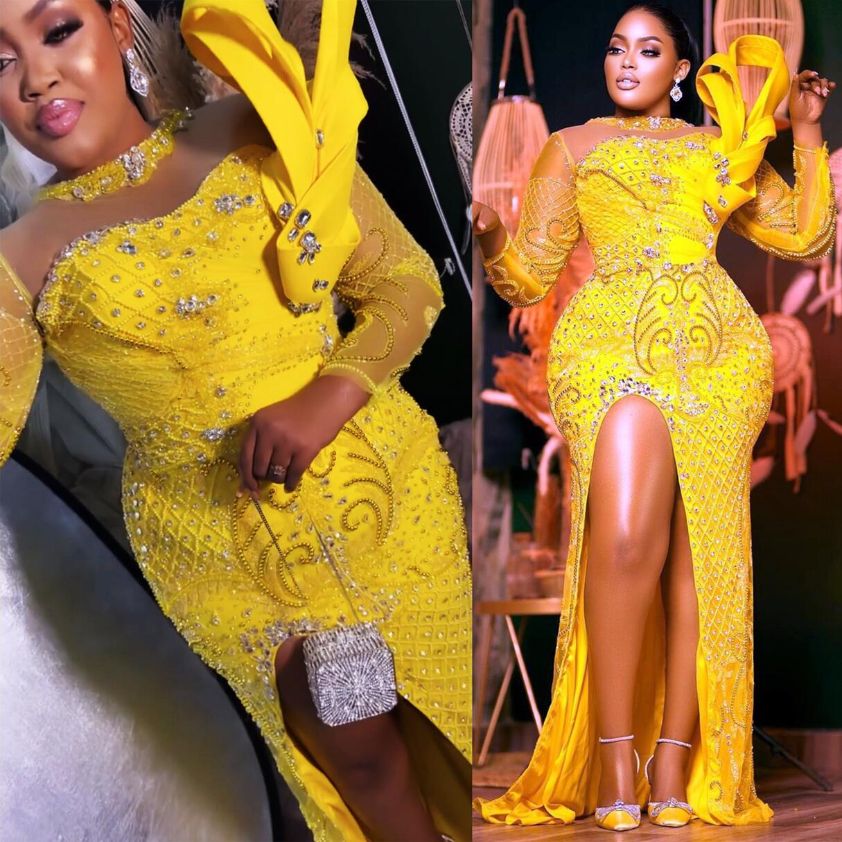 2022 Plus Size Arabic Aso Ebi Yellow Mermaid Luxurious Prom Dresses Beaded Crystals Evening Formal Party Second Reception Birthday Engagement Gowns Dr