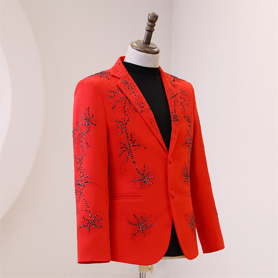 Men's Red Shiny Rhinestones Blazer Suits Male Singer Stage Concert Floor Show Suit Jacket Pants 2 Piece Set Groom Wedding Suit Formal Tuxedo