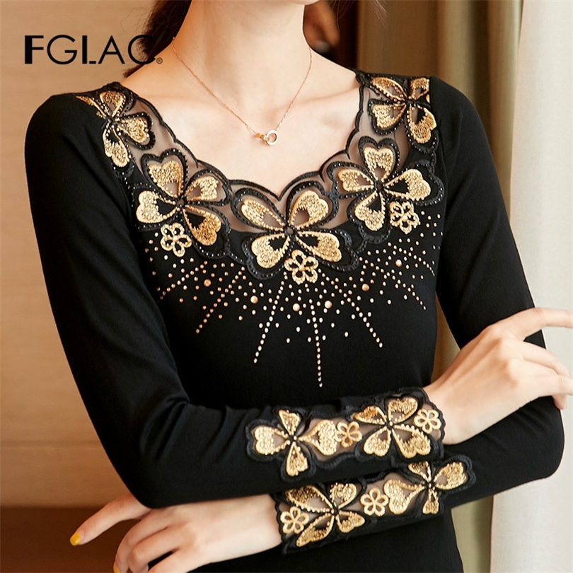 blusas mujer de moda 2019 Autumn long sleeve Embroidered Mesh tops Fashion casual Diamond blouse shirt plus size T200321