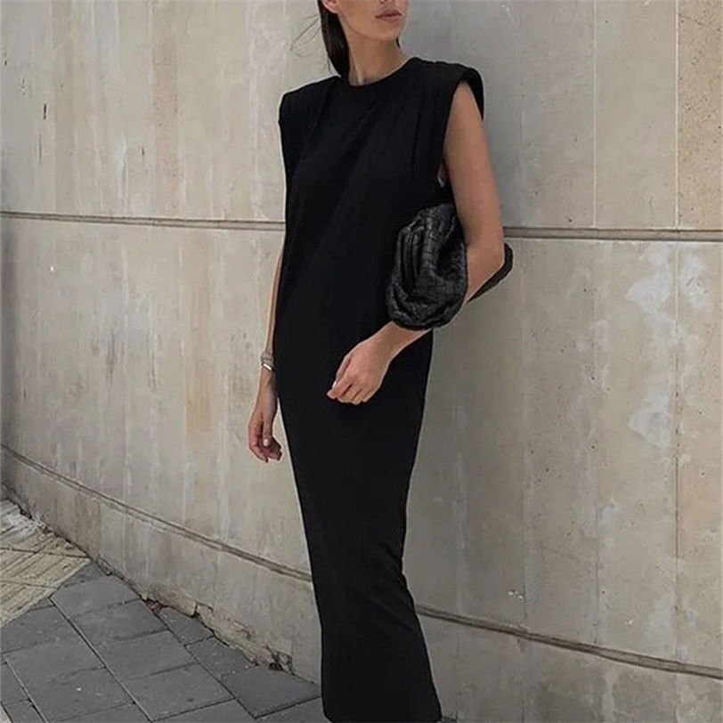 Viifaa Sleeveless Shoulder Pad Casual Black Elegant Long Dress Streetwear Women Loose Robe Split Back Summer Midi Dresses 220426