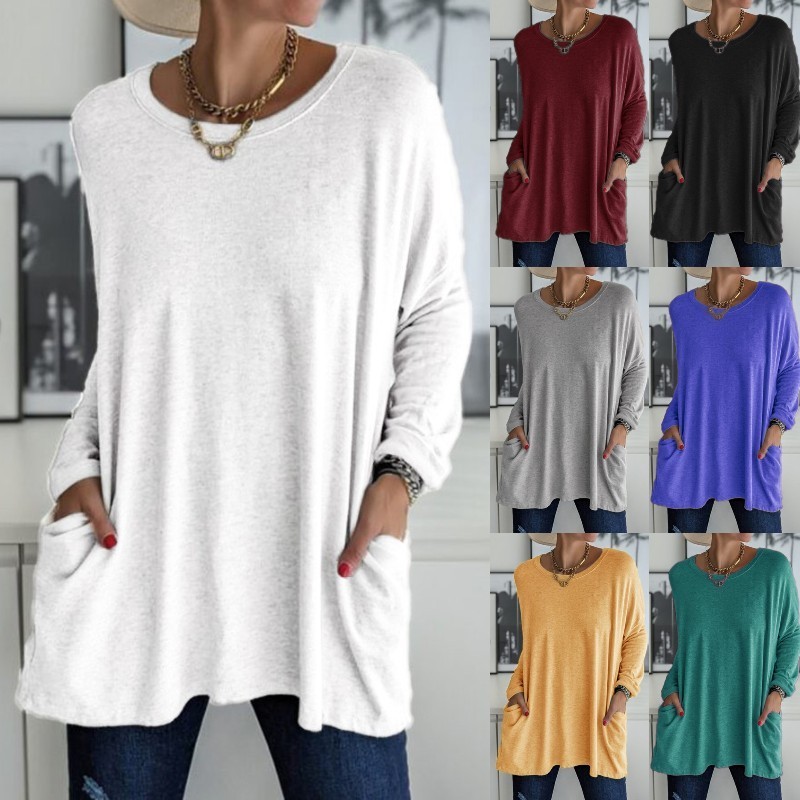 Solid Color Vintage Pocket Oversized T-shirt Female Clothing Fashion Autumn Tunic Basic Y2k Top Women Long Sleeve T Shirt 220328