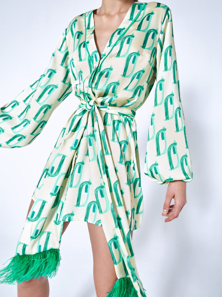 Summer Satin Printed Mini Dresses For Women Elegant V-Neck Lace Up With Feather Dress Female Lady Party Vocation Clothes 220426
