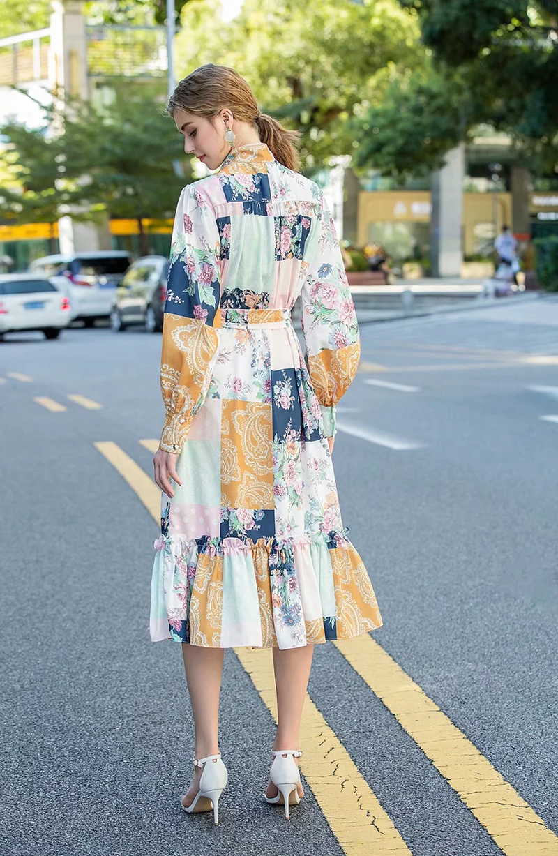 Women's Runway Dresses Stand Collar Long Sleeves Printed Ruffles High Street Fashion Casual Dress Vestidos