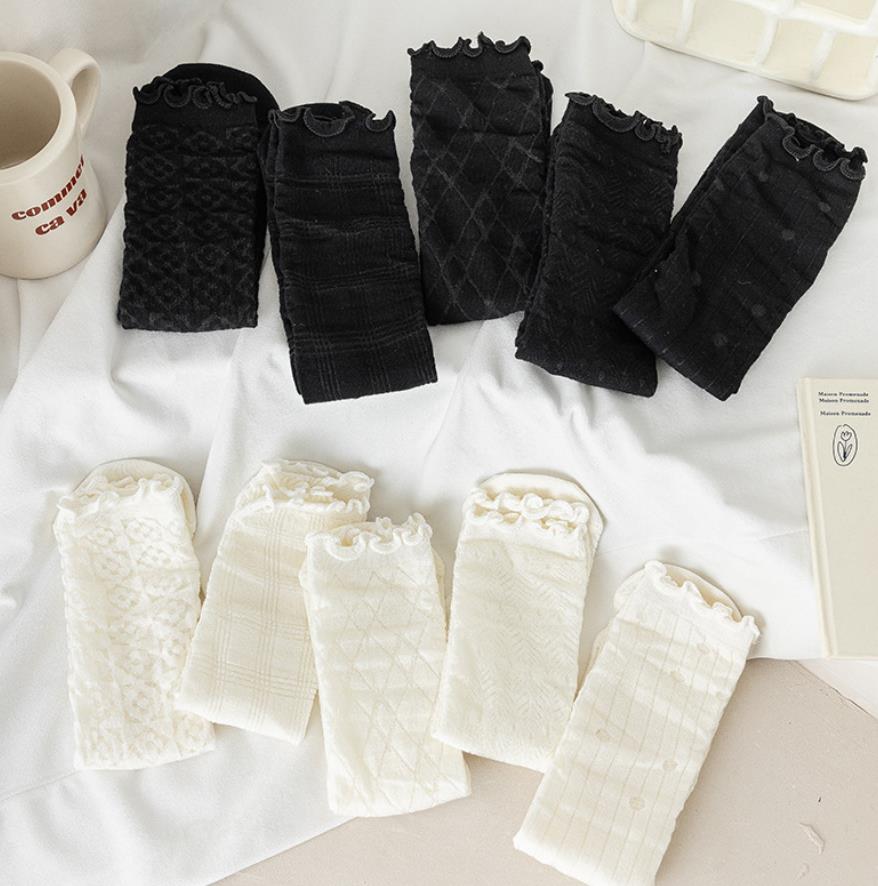 Lolita Ruffle High Ankle Socks Bubble Chunky Slouch JK Uniform Scrunch Stockings Mid-Tube Japanese Anime Cosplay Wearing Black White Women's Unde