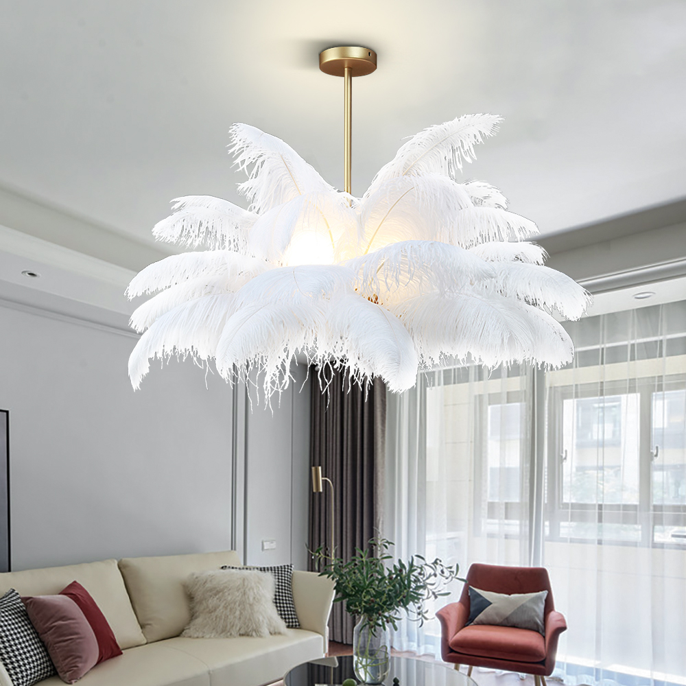 Pendant Lamps Modern White Feather Chandelier for the Children's Room Art Design Girl Bedroom Round G9 Copper Hanging Light Fixture