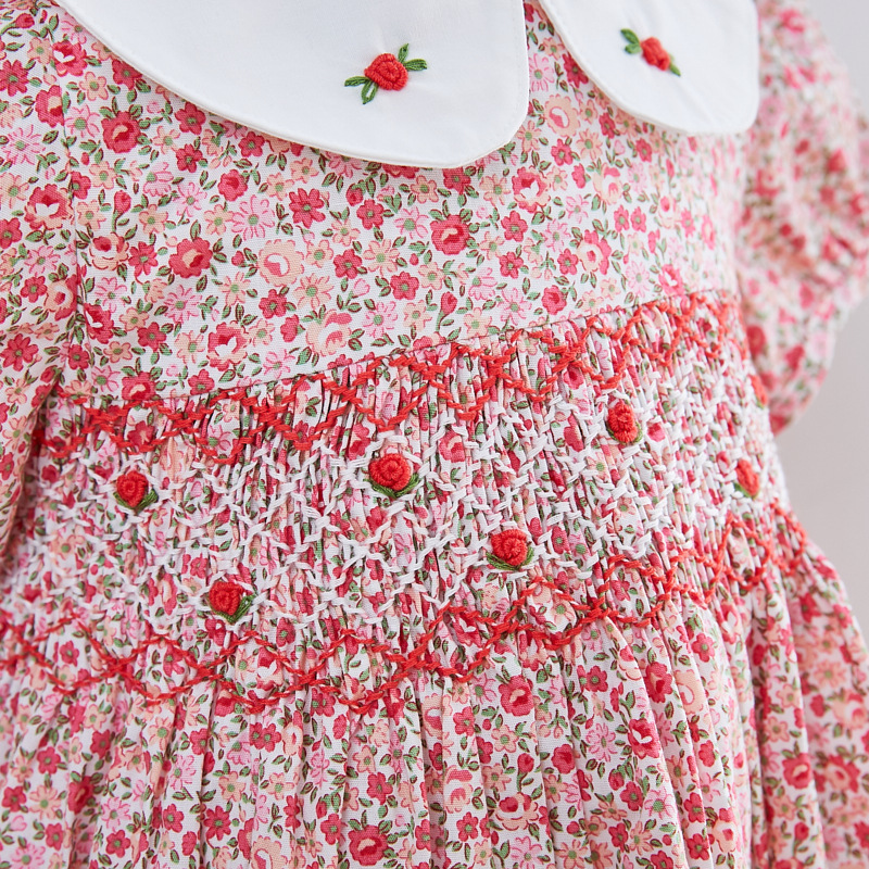 Kids Little Girls Handmade Smocked Floral Flower Print Dresses Spring Summer Toddler Girl Princess Vintage Smock Dress 220707