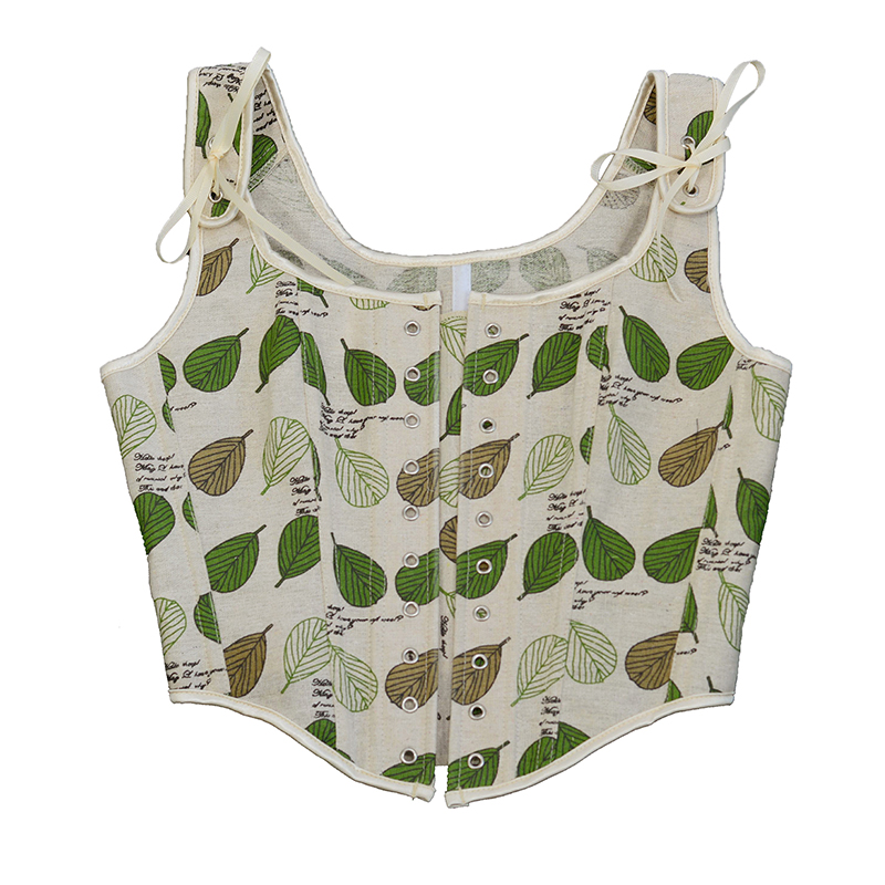 Women Corset Crop Tanks Fashion Linen Leaves Printed Tupe Tops Vintage Plastic Boned Overbust Bustier Camis Cyber Baby Tee Gothic Ropa Fairycore XXS-3