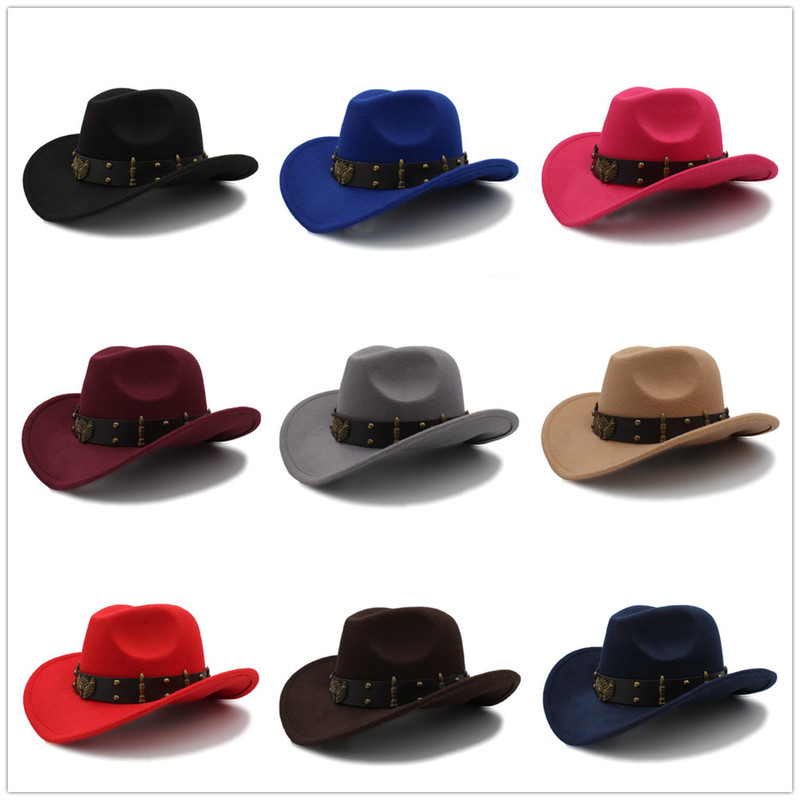Wome Men Black Wool Chapeu Western Cowboy Hat Gentleman Jazz Sombrero Hombre Cap Dad Cowgirl Hats Size 56-58cm 220817