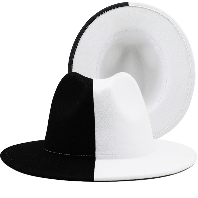 Black White Patchwork Wool Felt Jazz Fedora Hat Women Unisex Wide Brim Panama Party Trilby Cowboy Cap Men Gentleman Wedding Hat 22