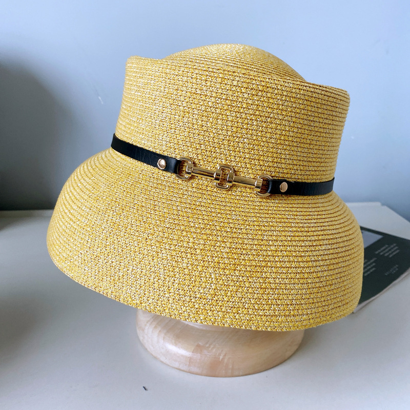 Elegant ummer un Protection Female Wide Brim Belt Metal Buckle Bain Girl Cap Beach traw Hat 220613