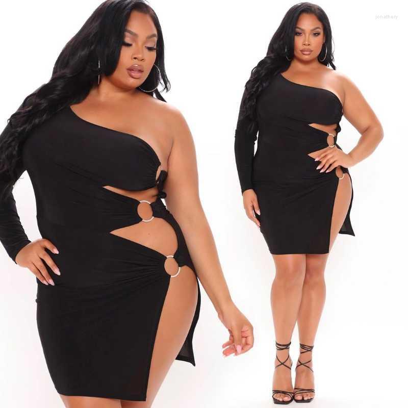 

Plus Size Dresses 2022 Summer Style Europe America And Africa Women's Dress 1XL-5XL Increase Party Leaky Shoulder Steel Ring Jona22, Black
