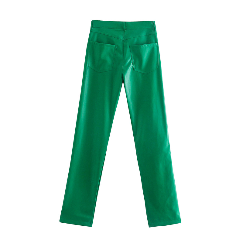 Women Green PU Leather Pants Zipper Female Autumn Winter Pencil Trousers 220325