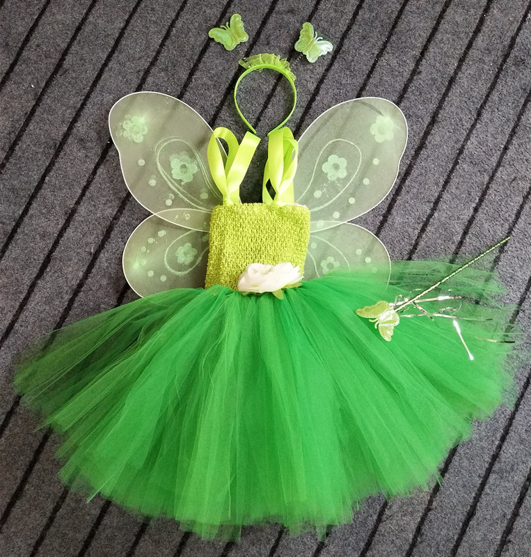 Girls Green Fairy Flower Tutu Dress Kids Fluffy 2Layer Tulle Tutus with Butterfly Wing Headband Set Children Cosplay Party 220422