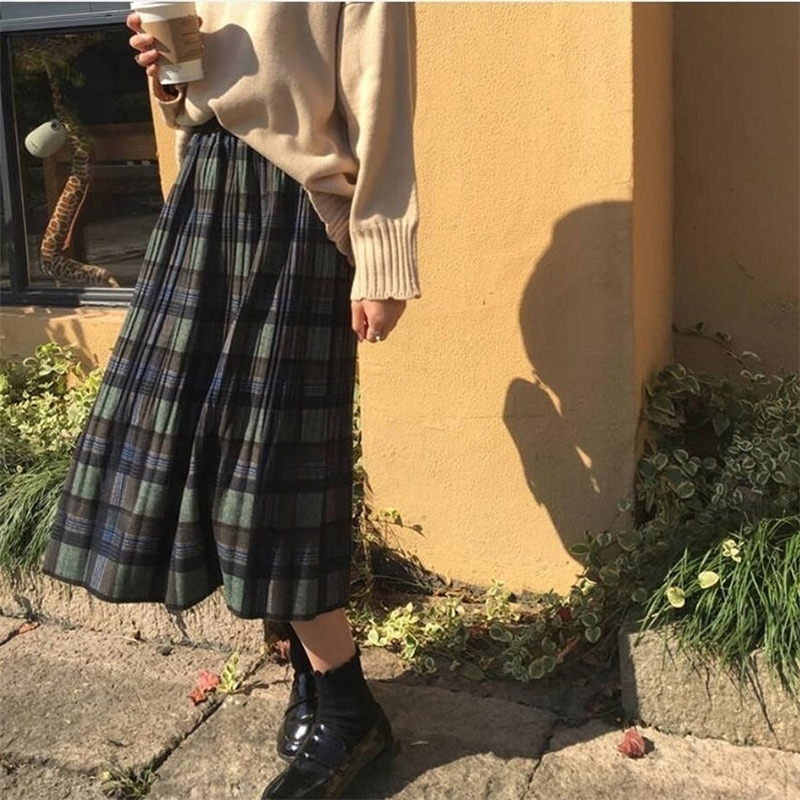Pleated Midi Skirt Women Long Woolen Winter Loose Pleated Plaid Skirts For Women Warm Womens Clothes Fall 210306
