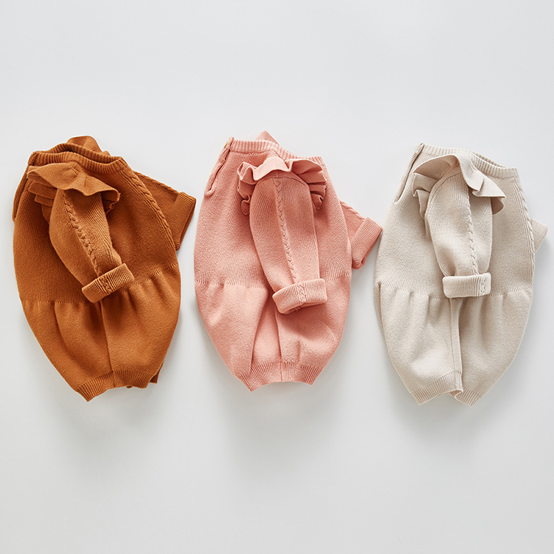 Baby Girls Knitted Bodysuit Spring Infant born Long Sleeve Solid Ruffled Jumpsuit Outfit Set Baby Spring Autumn Clothing 220707