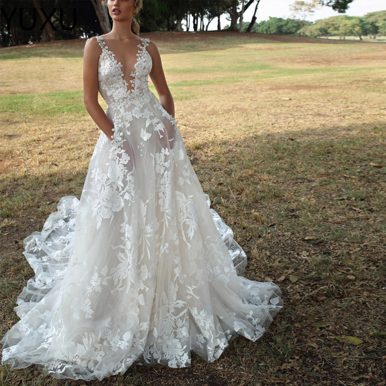 Backless 2022 Boho Wedding Dress 3D Appliqued Summer Beach Bridal Gowns Off The Shoulder Tulle Loves Lace Outdoor Lady Marriage Dresses