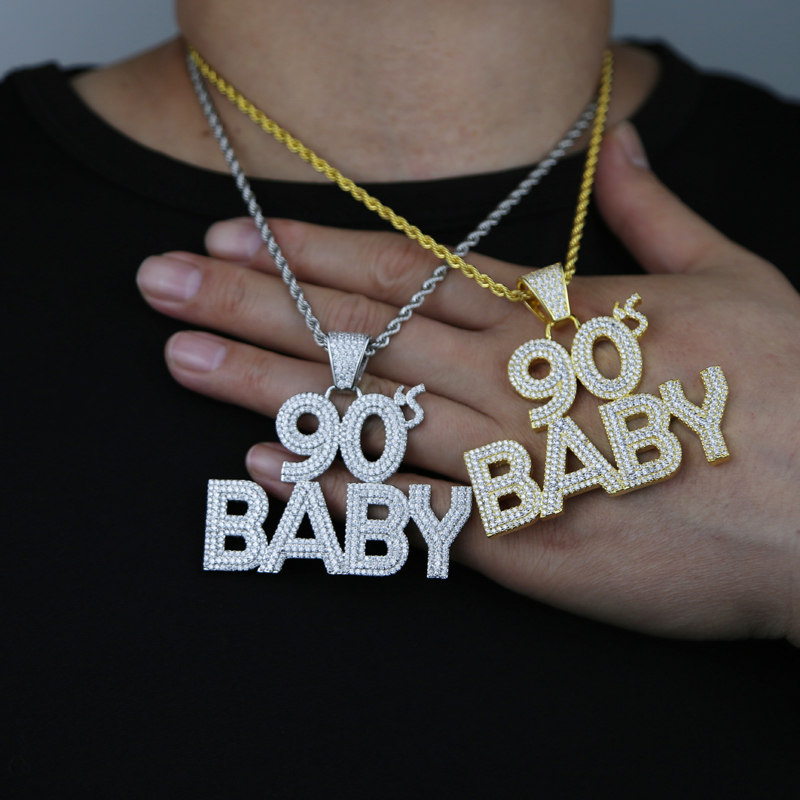 Iced Out Bling Hip Hop CZ Letters 90S BABY Pendant Necklace Gold Silver Color Zircon 90 Charm Necklace Men's Women Jewelry