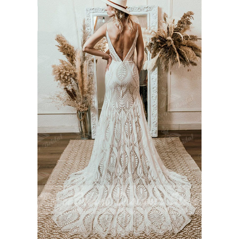2022 Bohemian mermaid Wedding Dress V Neck Lace Boho Spaghetti Straps Backless Beach fisthail Bridal Gowns Vestido de novia
