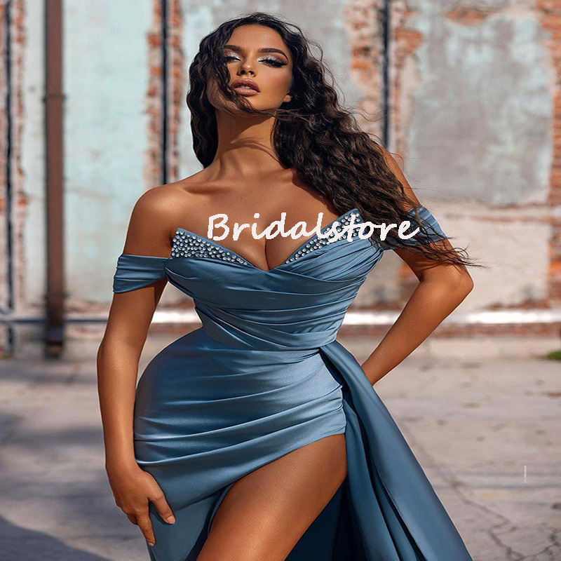 Off The Shoulder Dusty Blue Prom Dress 2022 With Beaded Sexy V Neck Mermaid Evening Dress High Slit Satin Formal Dinner Party WearSpecial Occasion Dre