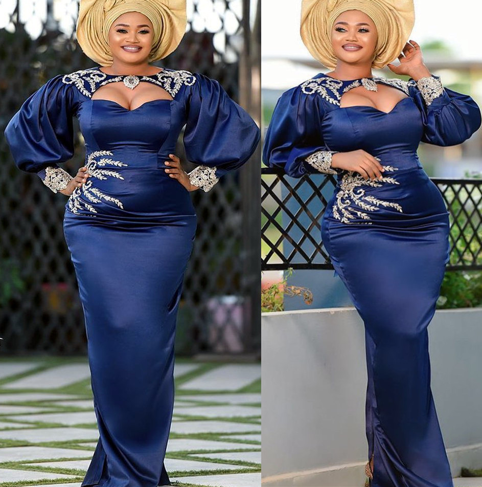 2022 Plus Size Arabic Aso Ebi Navy Blue Sheath Prom Dresses Lace Beaded Sexy Evening Formal Party Second Reception Birthday Engagement Bridesmaid Gown