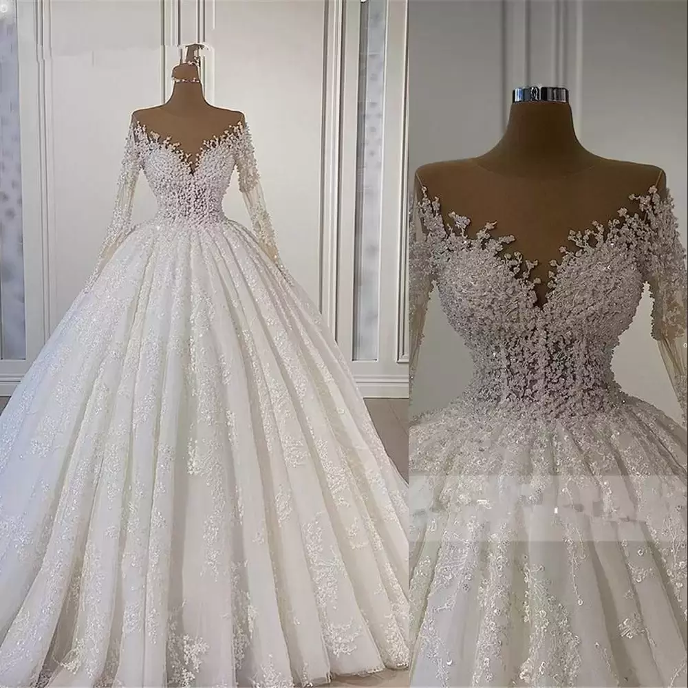 A Bg E Wedding Dresses Bridal Gowns Lace Jewel Neck Long Sleeves Illusion Crystal Beading Or Length Vestidos De Novia Plus Size